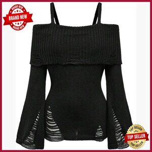 Women's Cold Shoulder Ripped Sweater Fitted Pullover Goth Punk Style